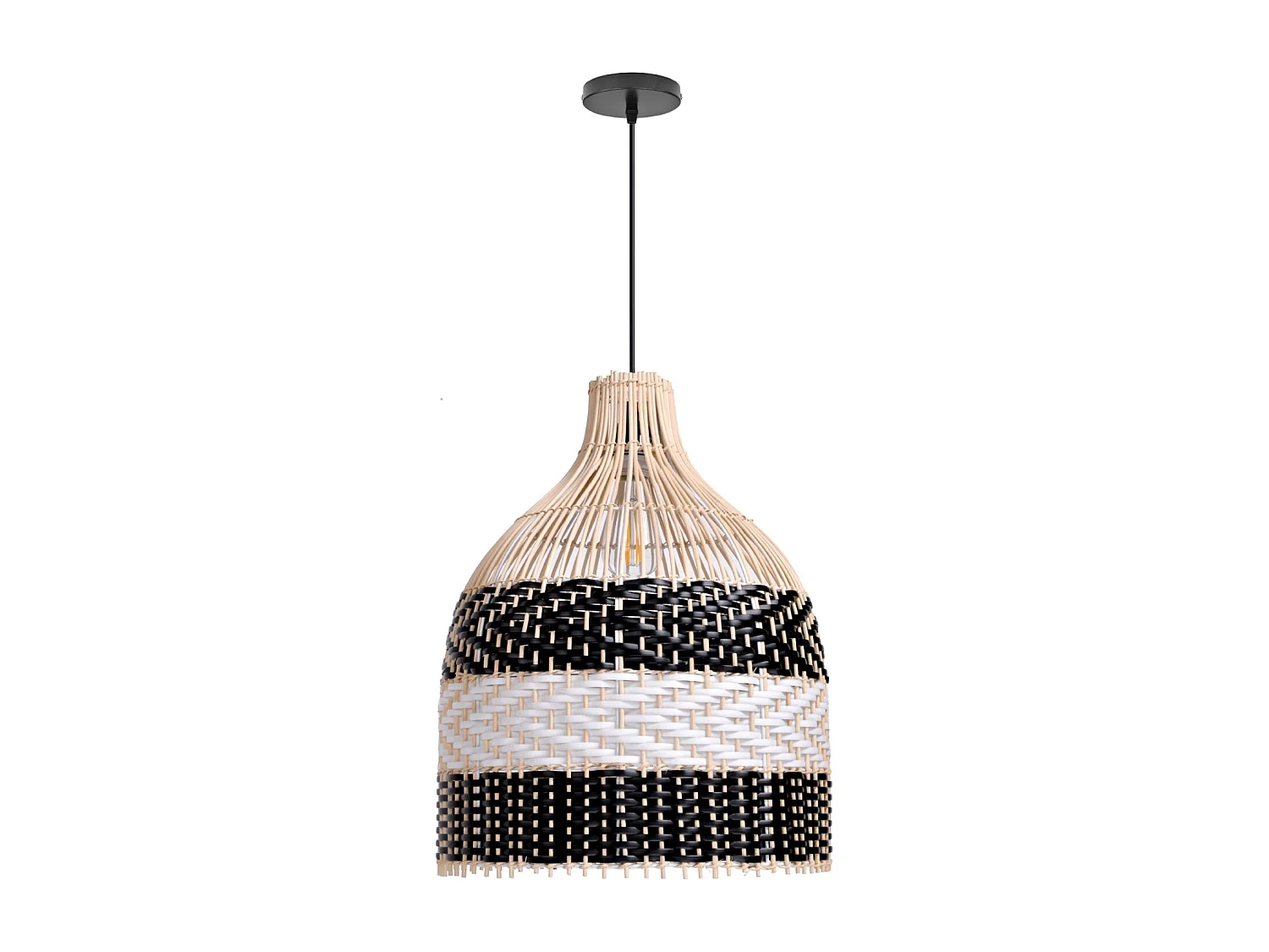 Suspension ethnique en métal et rotin naturel - noir - d30 cm x h40 cm