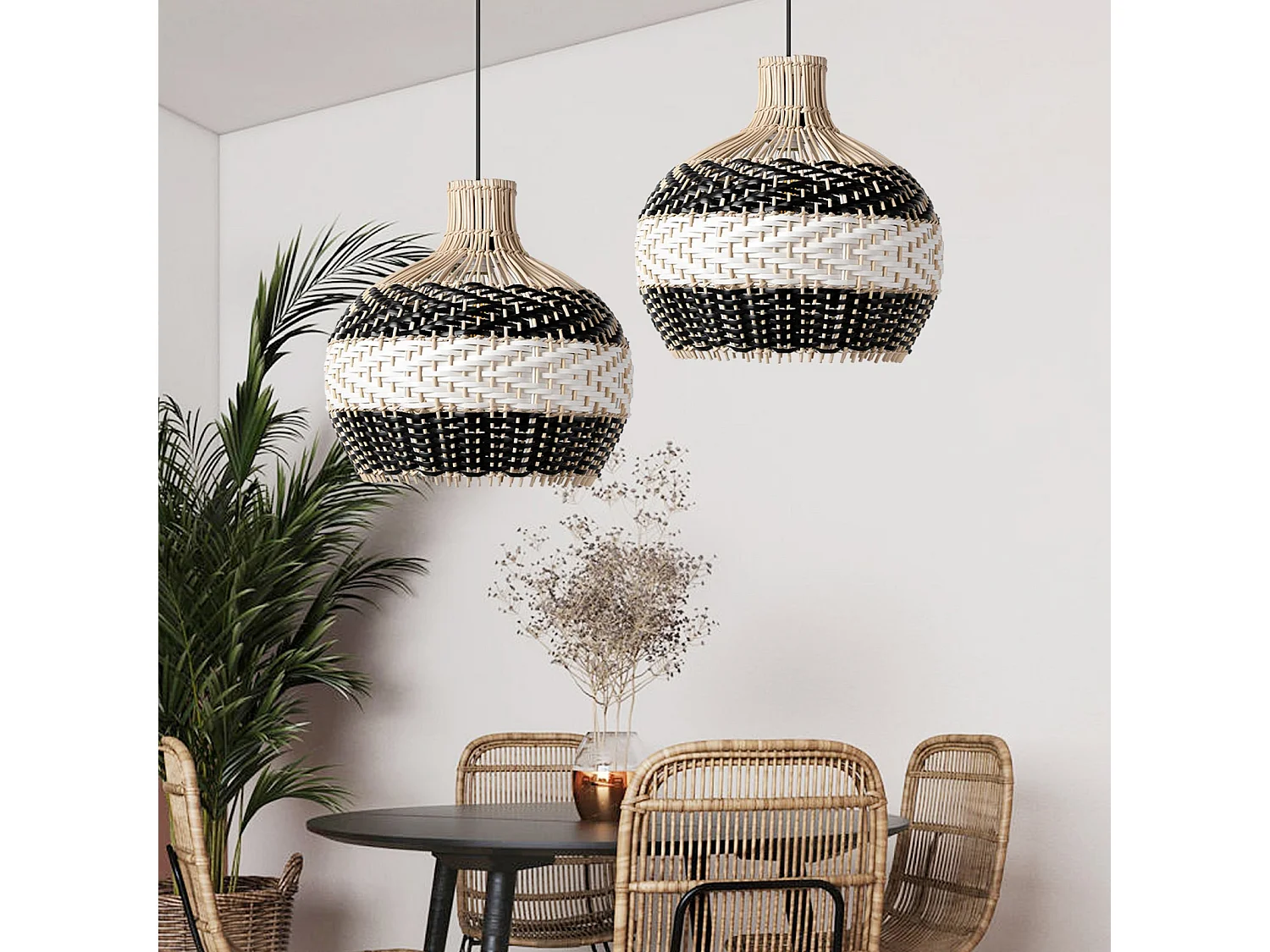 Luminaires suspendus rotin géométrique - noir - d40 cm x h40 cm