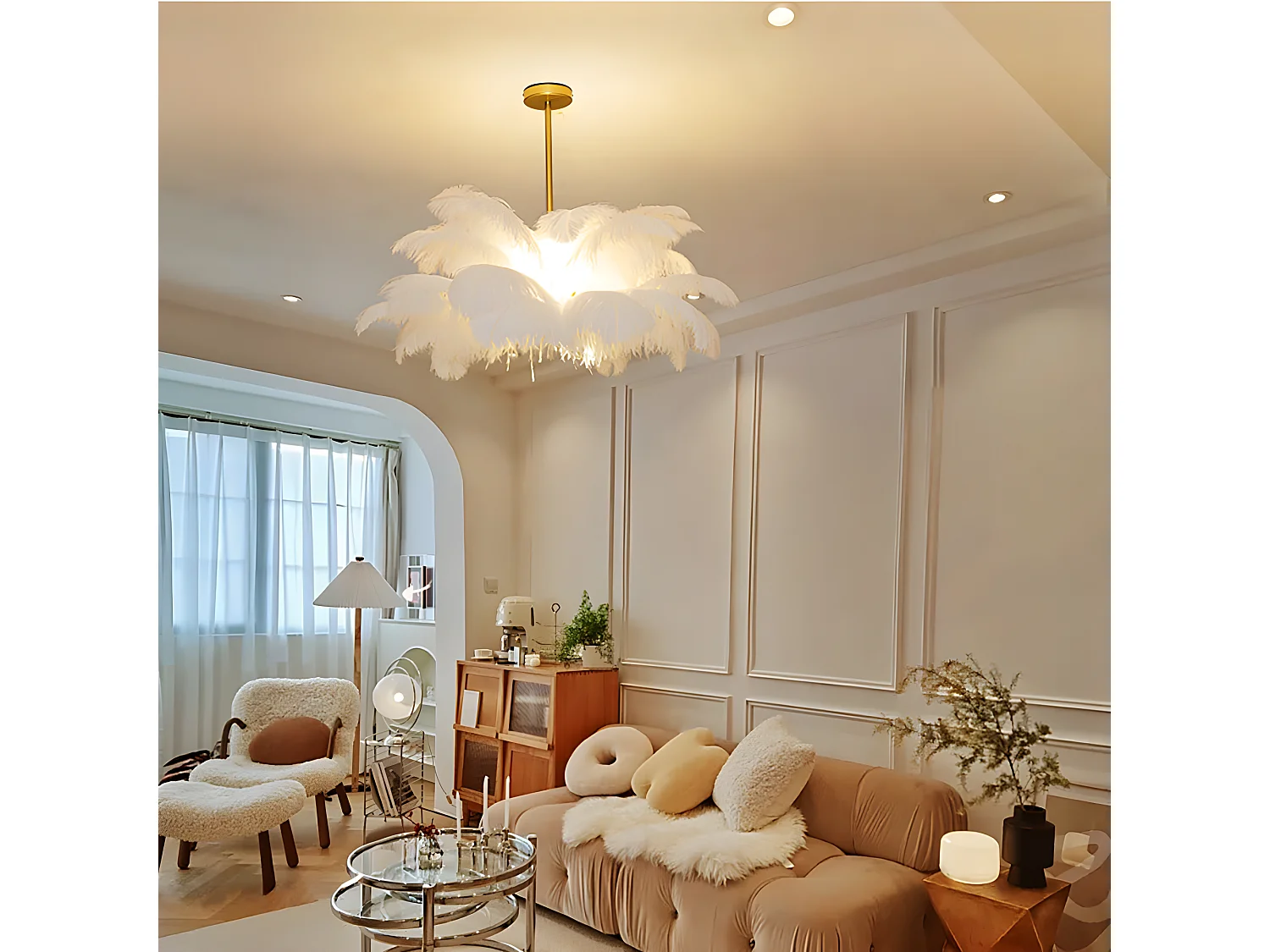 Lustre à plumes blanc luminaire moderne en laiton led pour chambre à coucher salon d90 cm
