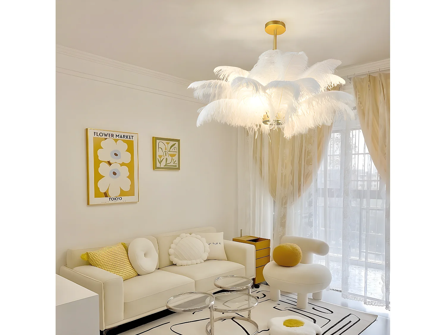 Lustre à plumes blanc luminaire moderne en laiton led pour chambre à coucher salon d90 cm