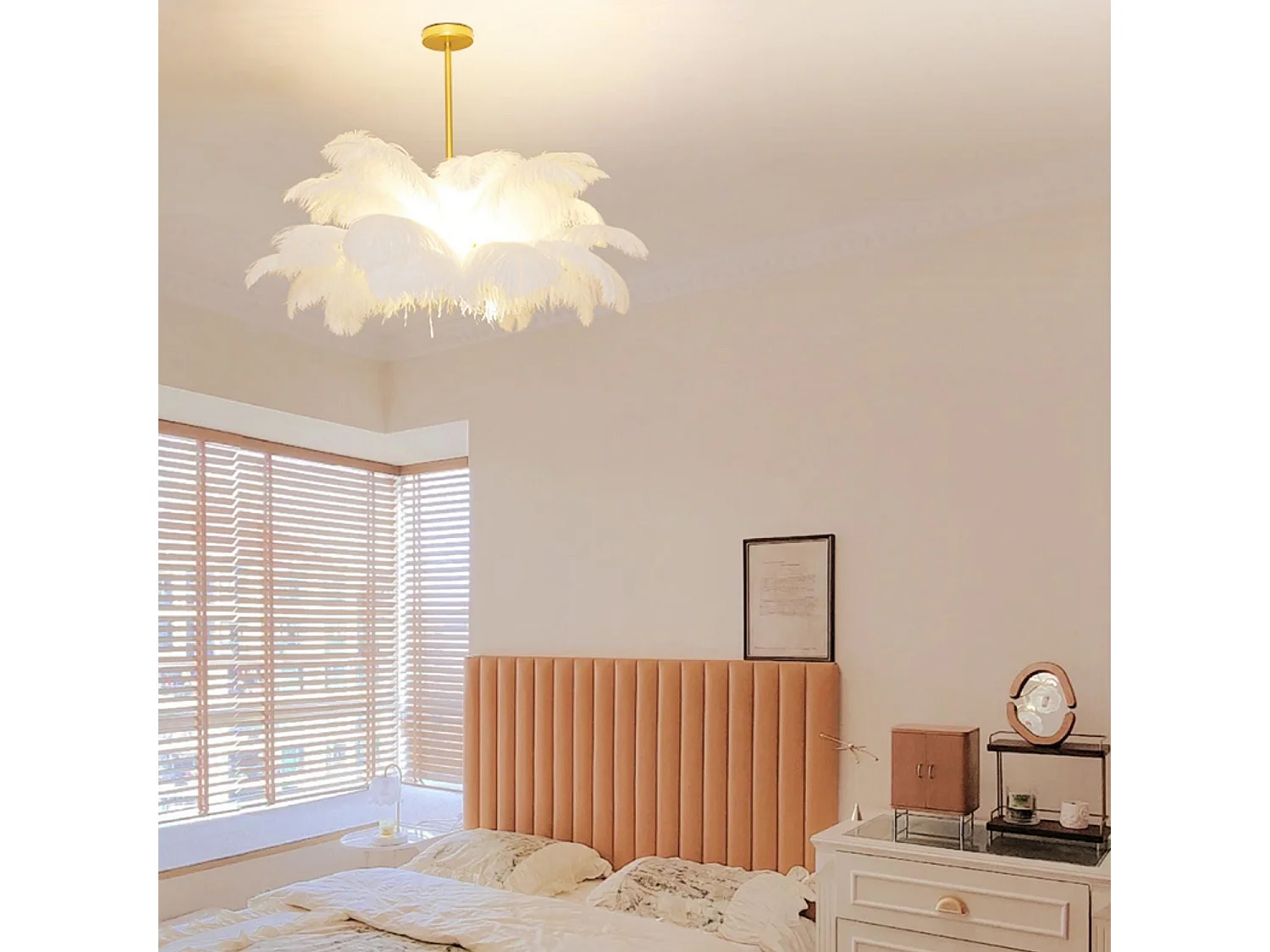 Lustre à plumes blanc luminaire moderne en laiton led pour chambre à coucher salon d90 cm