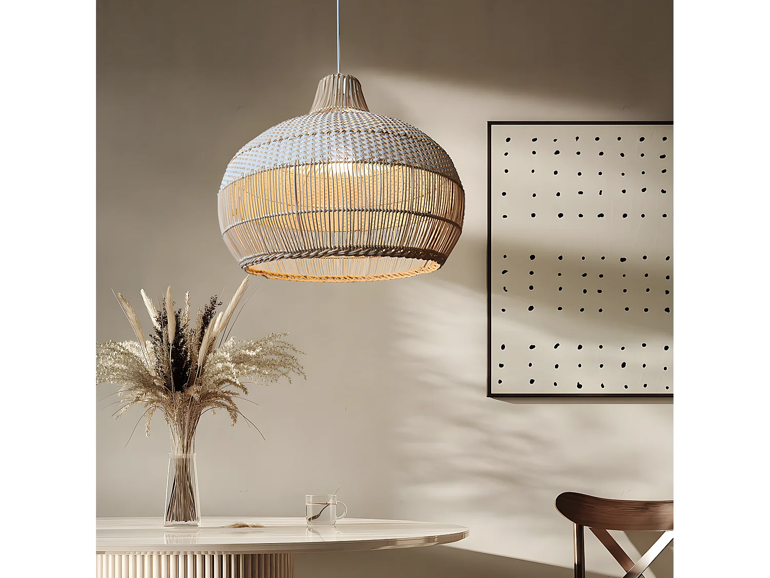 Luminaire suspension en rotin blanc  d40 cm x h40 cm