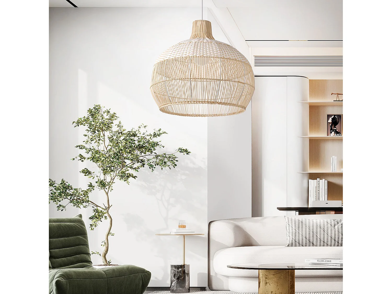 Luminaire suspension en rotin blanc  d40 cm x h40 cm