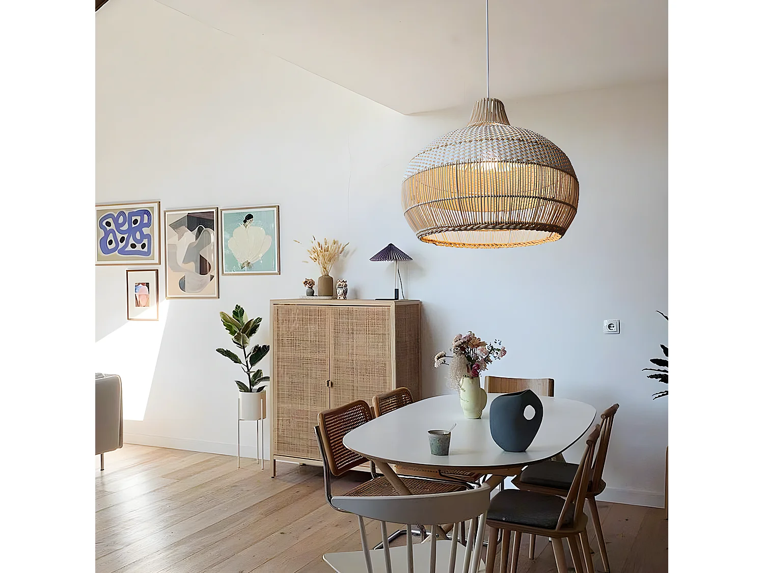 Luminaire suspension en rotin blanc  d40 cm x h40 cm