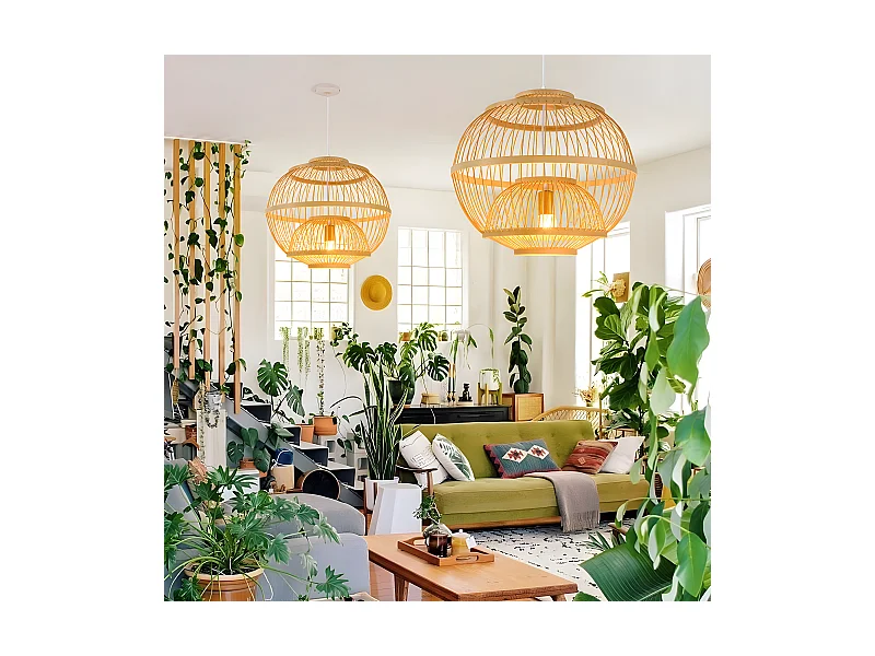 Lustre rotin suspension rotin naturel sphérique d45 cm x h45 cm