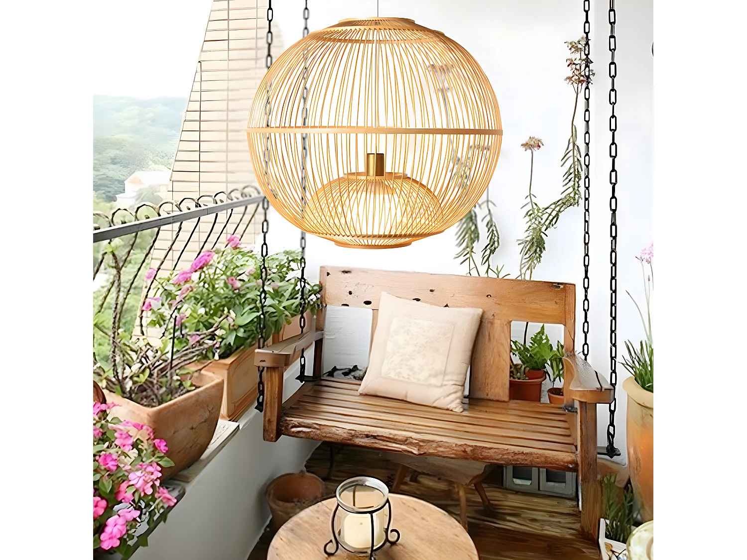 Lustre rotin suspension rotin naturel sphérique d45 cm x h45 cm