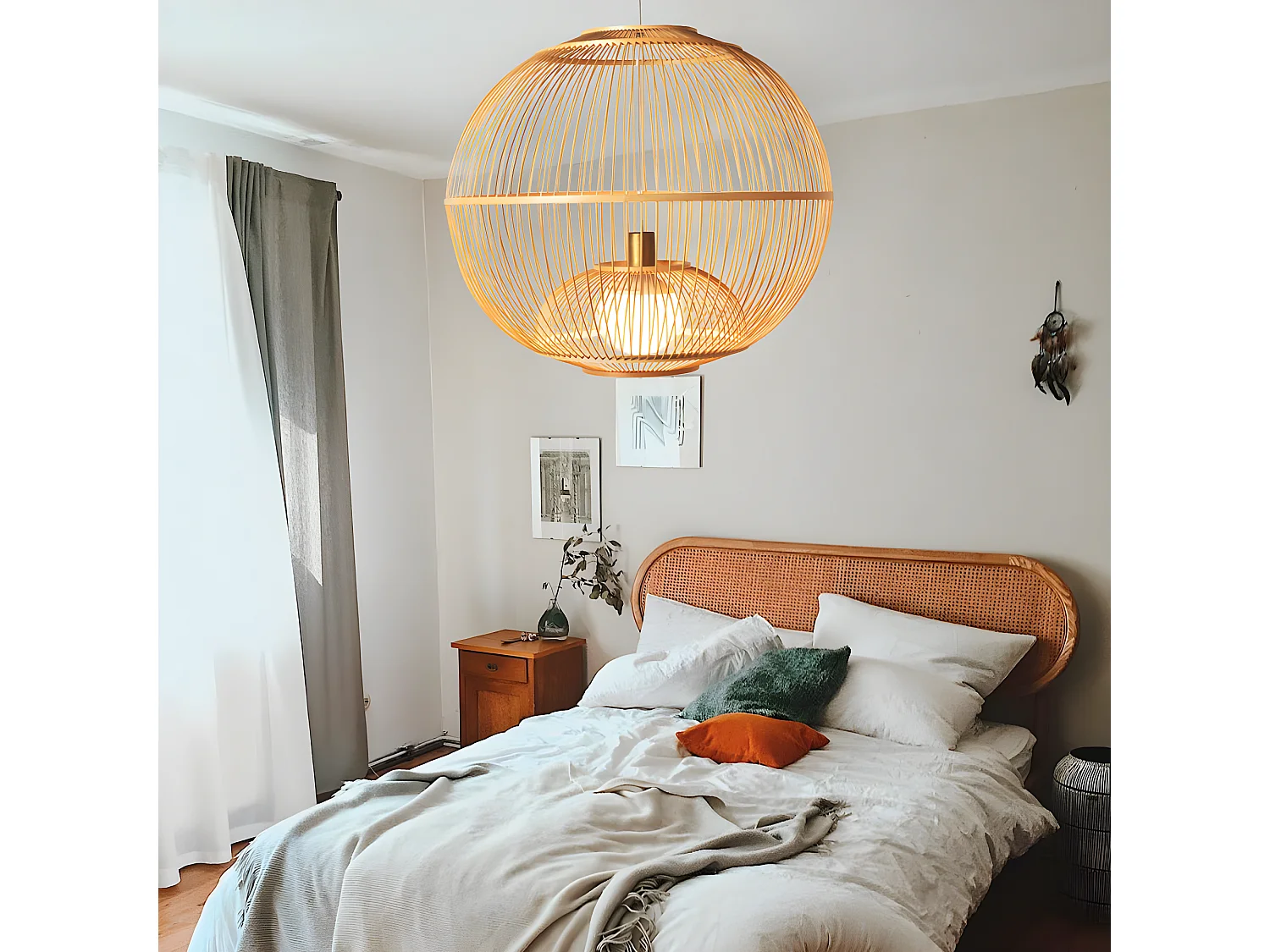 Lustre rotin suspension rotin naturel sphérique d45 cm x h45 cm