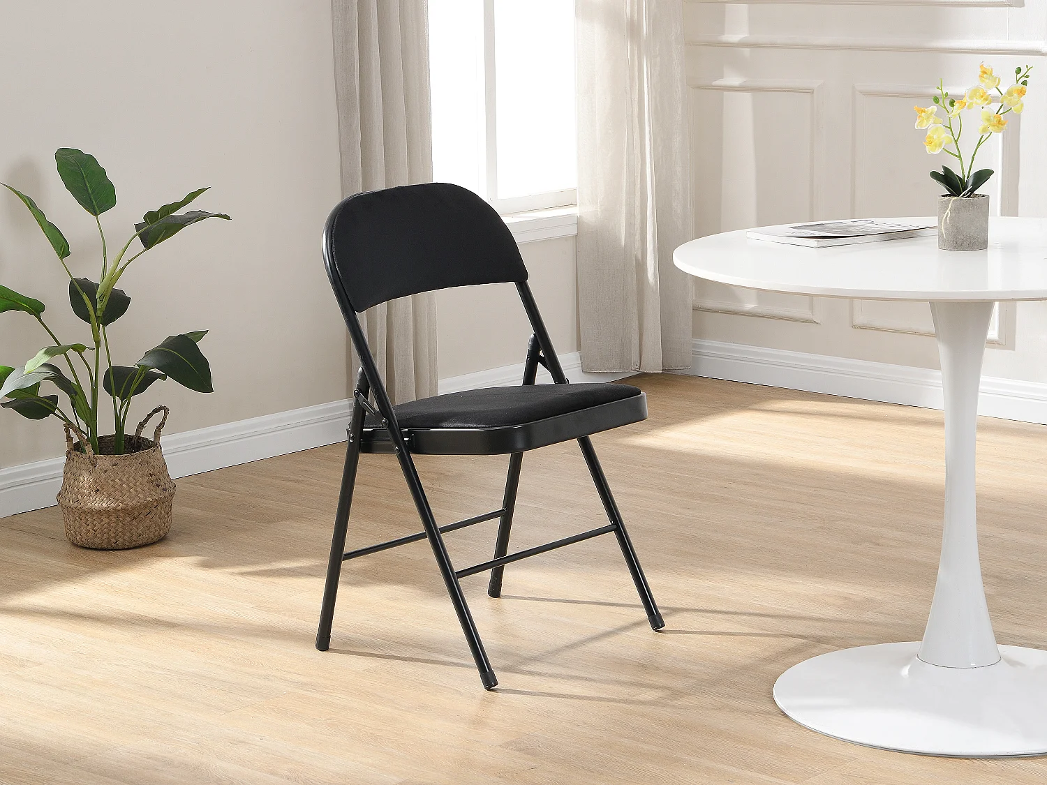 Lot de 2 chaises pliantes en velours et métal - Noir - ORTENSIA