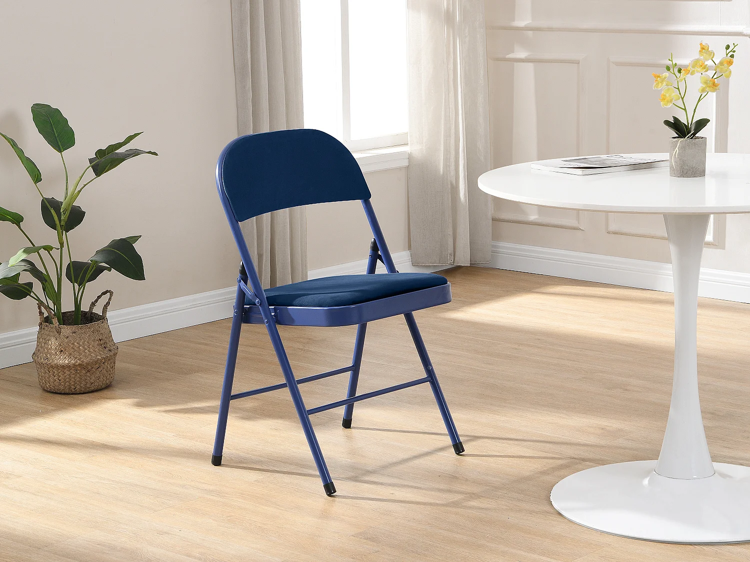 Lot de 2 chaises pliantes en velours et métal - Bleu - ORTENSIA