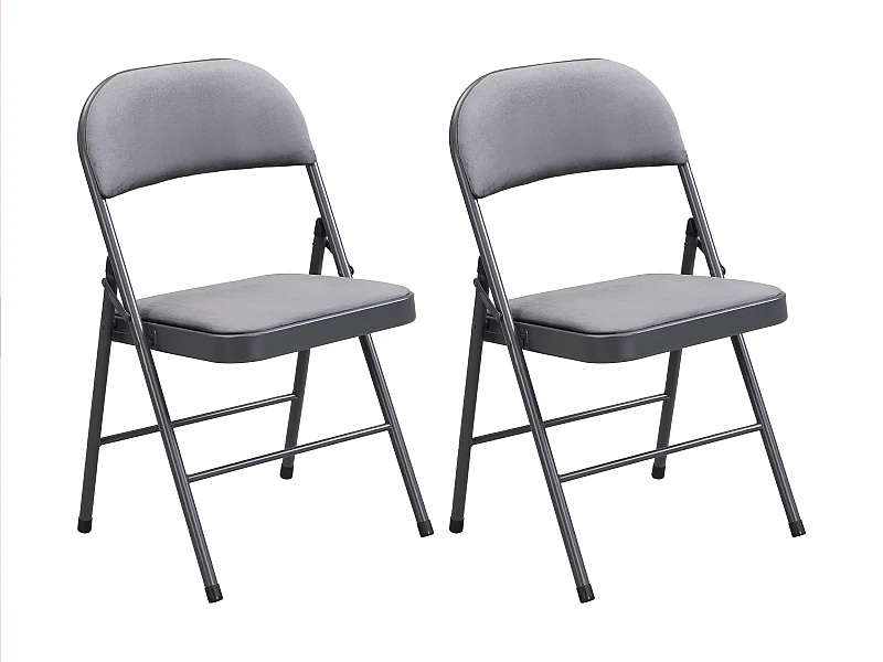 Lot de 2 chaises pliantes en velours et métal - Gris - ORTENSIA