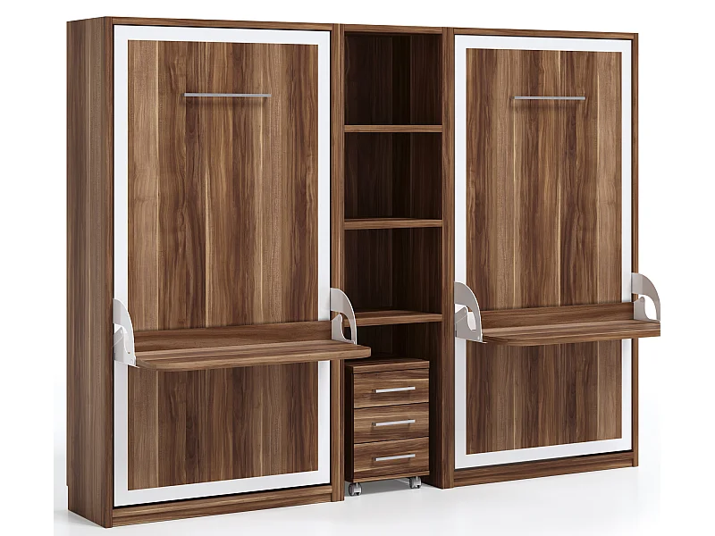 2 lits escamotables 90x190 avec bureau et étagère centrale STUDANTE-Façade Noyer