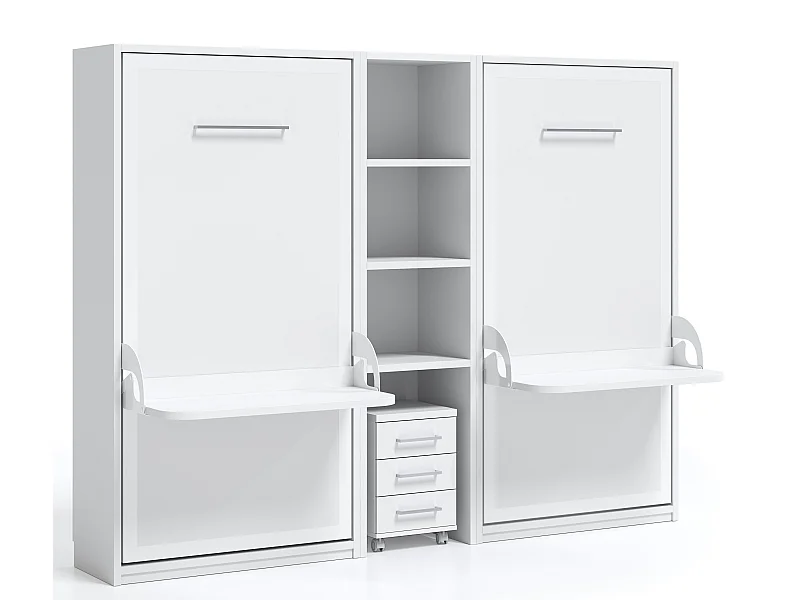2 lits escamotables 90x190 avec bureau et étagère centrale STUDANTE-Façade Blanche