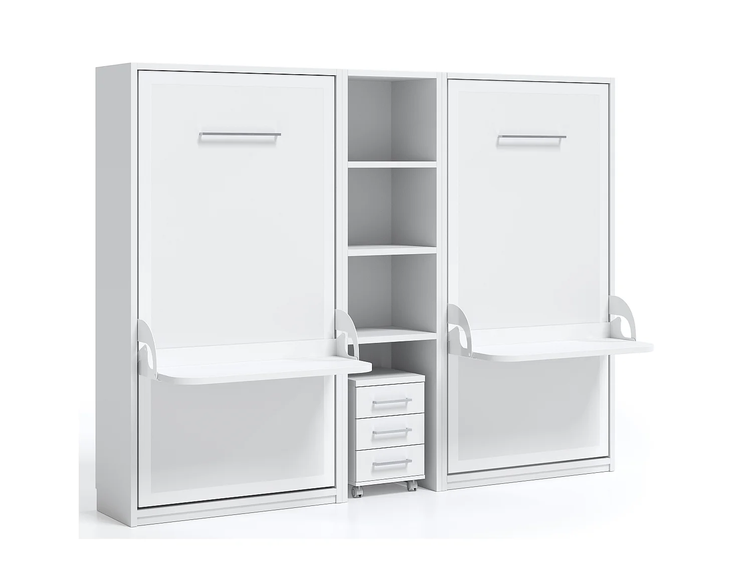 2 lits escamotables 90x190 avec bureau et étagère centrale Studante-Façade Blanche