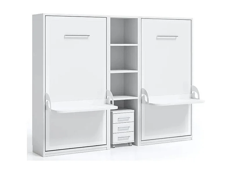 2 lits escamotables 140x190 avec bureau et étagère centrale Studante-Façade Blanche