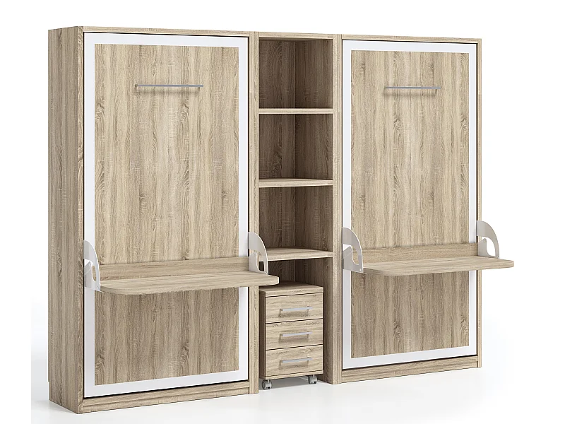 2 lits escamotables 140x190 avec bureau et étagère centrale Studante-Façade Chêne clair
