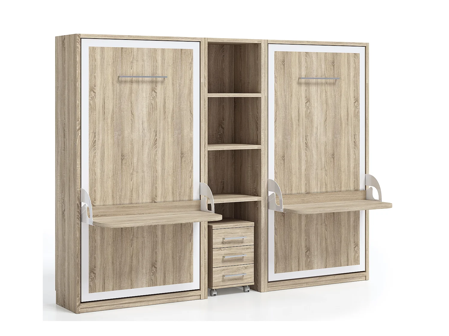 2 lits escamotables 140x190 avec bureau et étagère centrale Studante-Façade Chêne clair