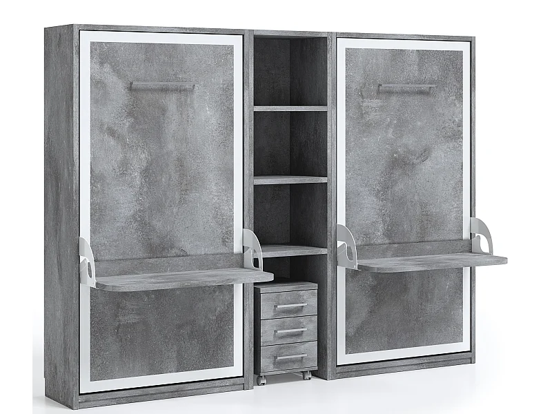 2 lits escamotables 140x190 avec bureau et étagère centrale Studante-Façade Ciment