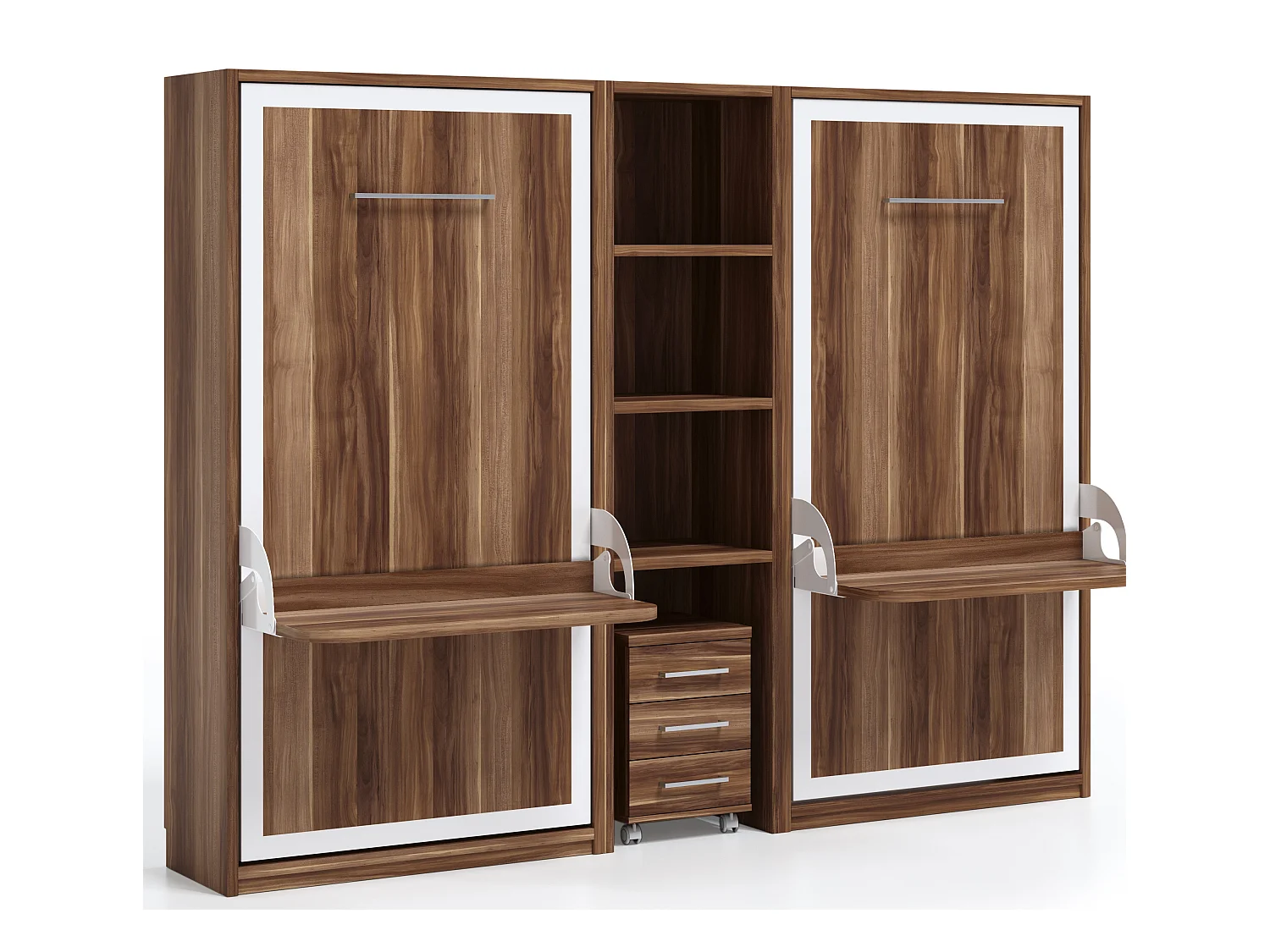 2 lits escamotables 140x190 avec bureau et étagère centrale Studante-Façade Noyer