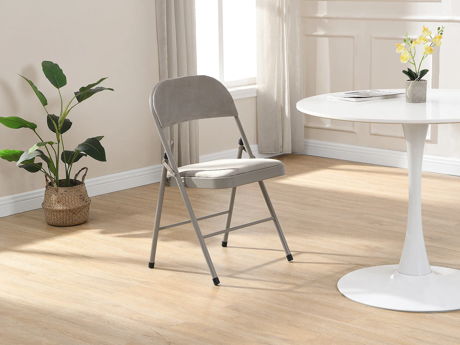 Lot de 2 chaises pliantes en velours et métal - Taupe - ORTENSIA