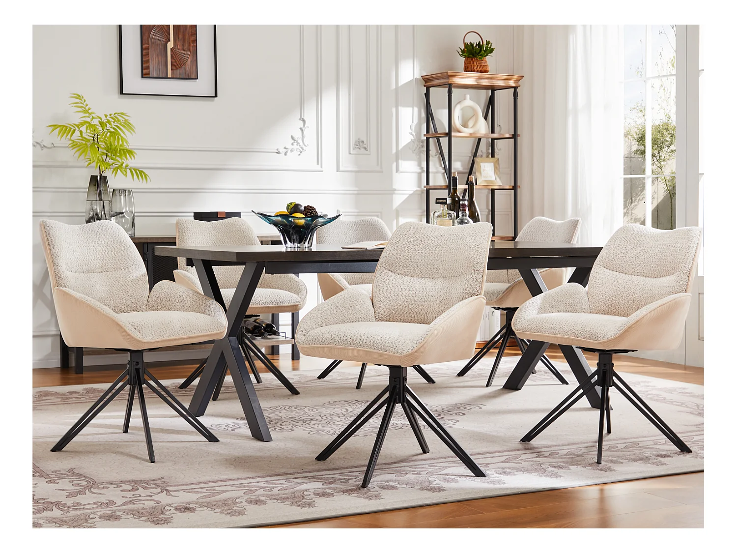 Lot de 6 Chaises de salle à manger - pivotant à 360° - tissu en sherpa - Blanc