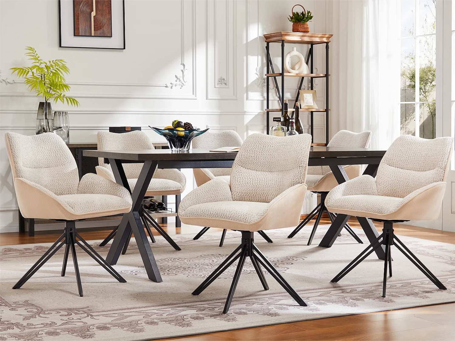 Lot de 6 Chaises de salle à manger - pivotant à 360° - tissu en sherpa - Blanc