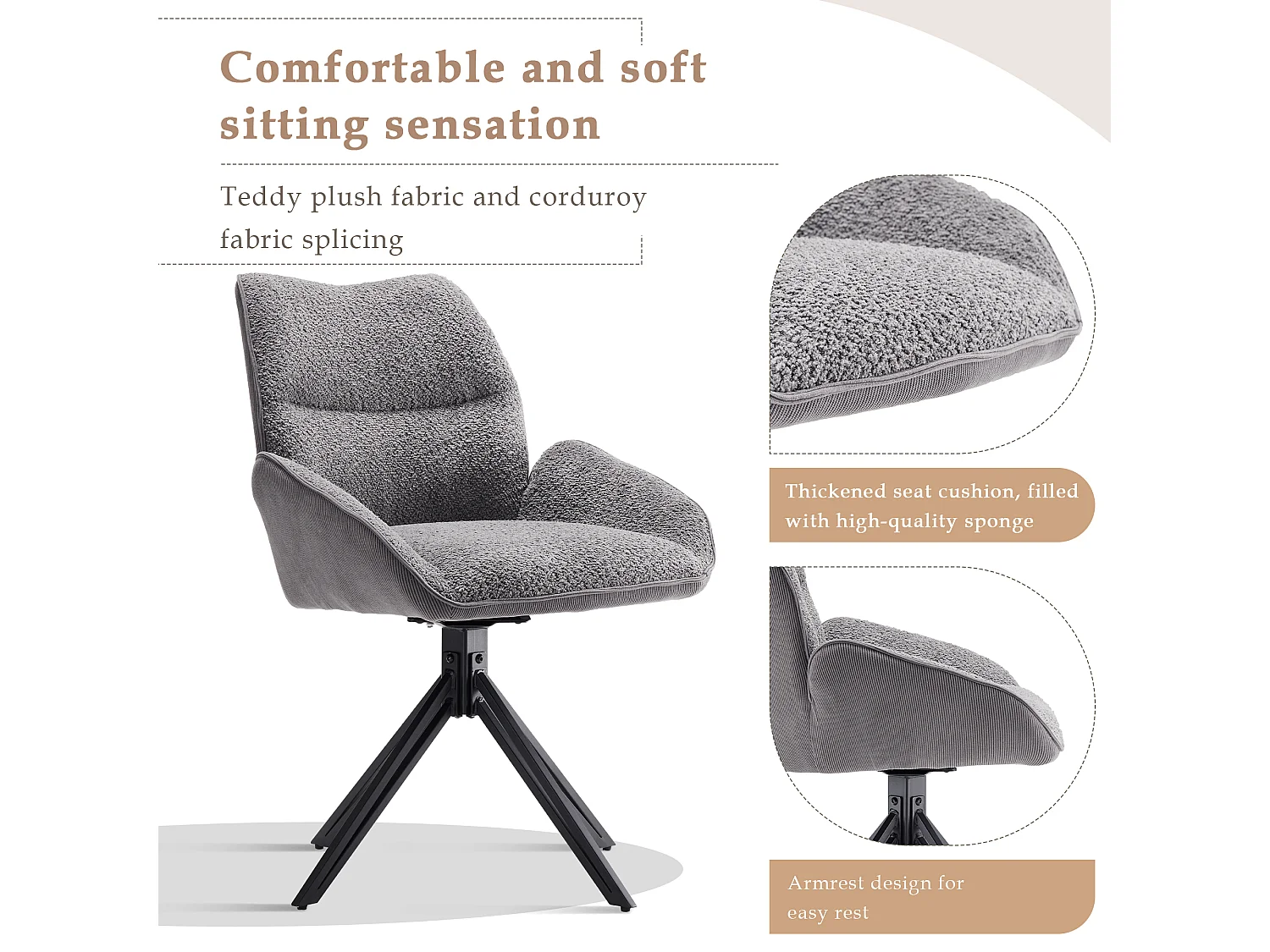 Lot de 6 Chaises de salle à manger - pivotant à 360° - tissu en sherpa - Gris