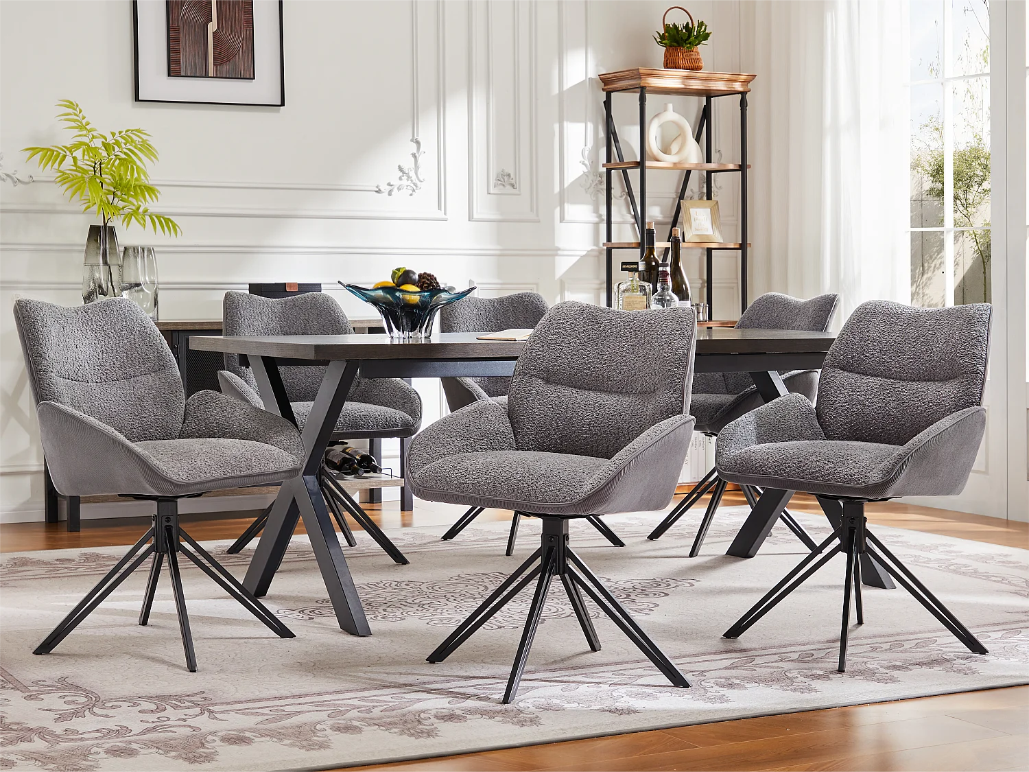 Lot de 6 Chaises de salle à manger - pivotant à 360° - tissu en sherpa - Gris