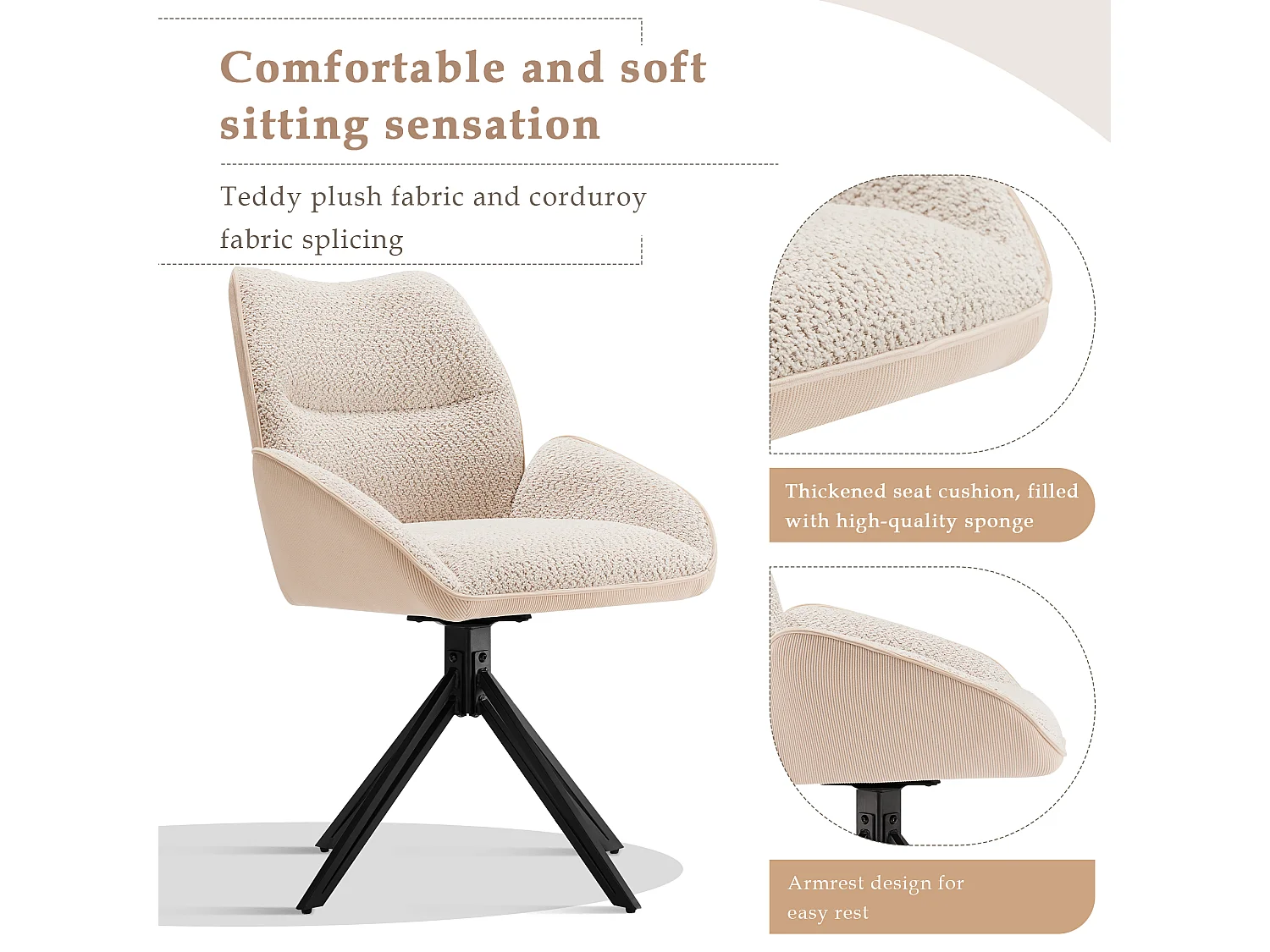 Lot de 2 Chaises de salle à manger - pivotant à 360° - tissu en sherpa - Blanc