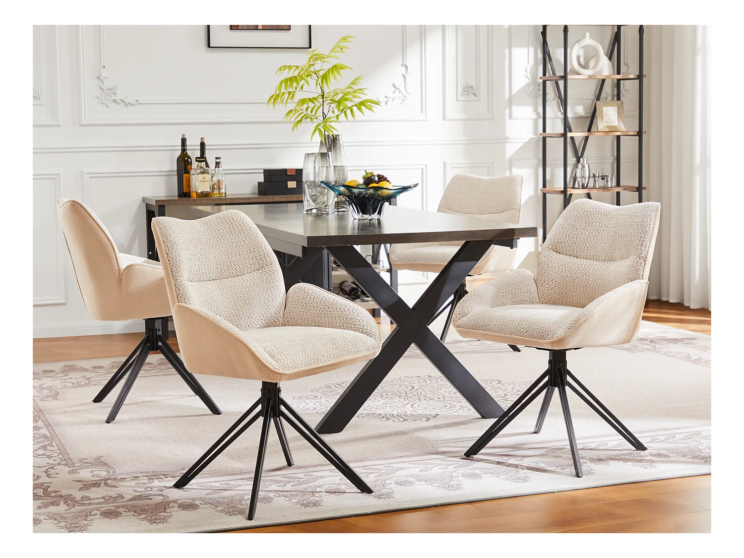 Set van 4 eetkamerstoelen - 360° draaibaar - sherpa stof - Wit