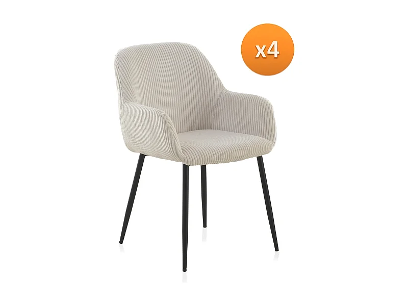 Pack 4 sillones tapizados en tela de pana blanca con patas metálicas negras