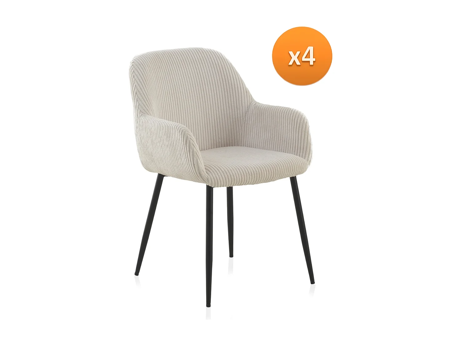 Pacote de 4 poltronas estofadas em tecido de veludo cotelê branco com pés em metal preto