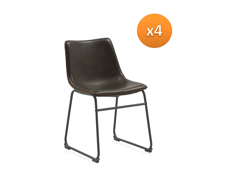 Packung mit 4 braunen gepolsterten Stühlen mit schwarzen Metallbeinen