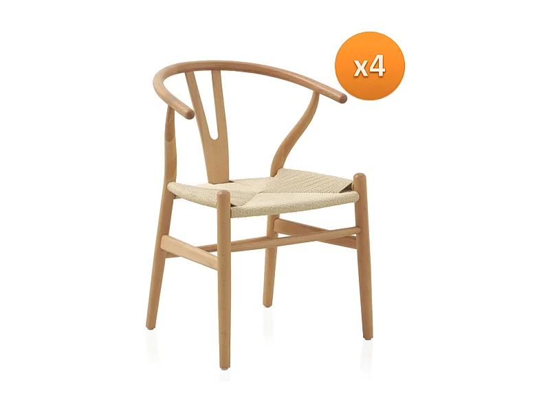 Lot de 4 fauteuils en hêtre avec assise tressée