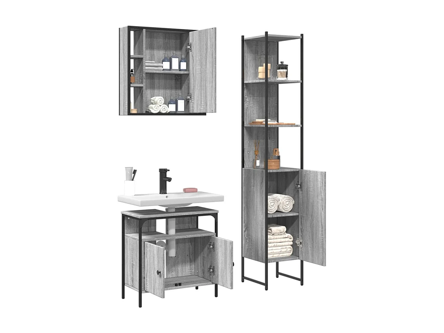 Ensemble d'armoires de salle de bain 3 pcs sonoma gris