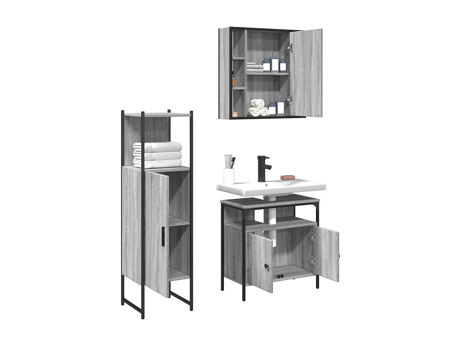 Ensemble d'armoires de salle de bain 3 pcs sonoma gris
