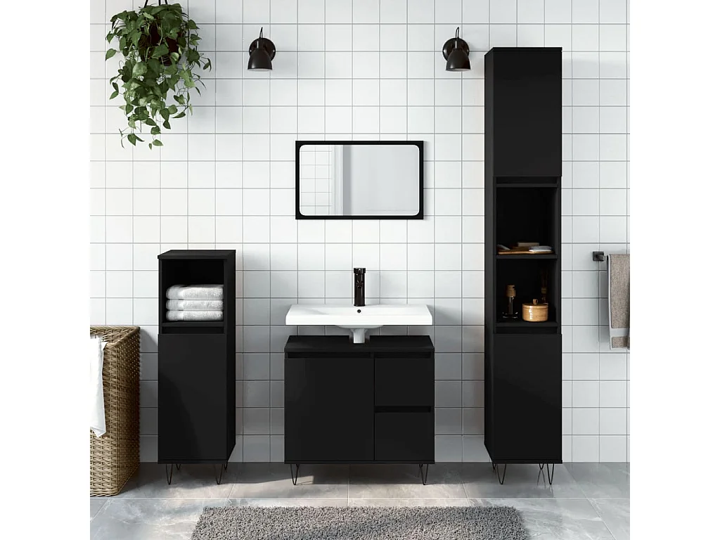 Ensemble de meubles salle de bain 3 pcs noir bois d'ingénierie