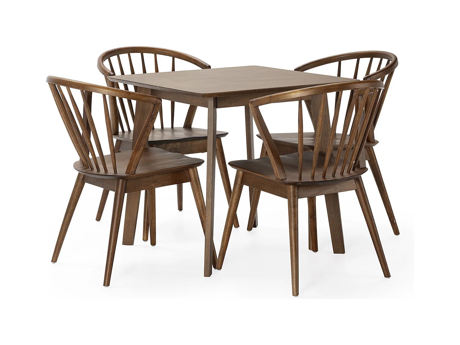 Speltafel 80x80 cm en 4 eetkamerstoelen Mura in Walnootkleur