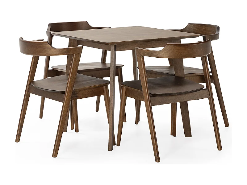 Speltafel 80x80 cm en 4 eetkamerstoelen Venus in Walnootkleur