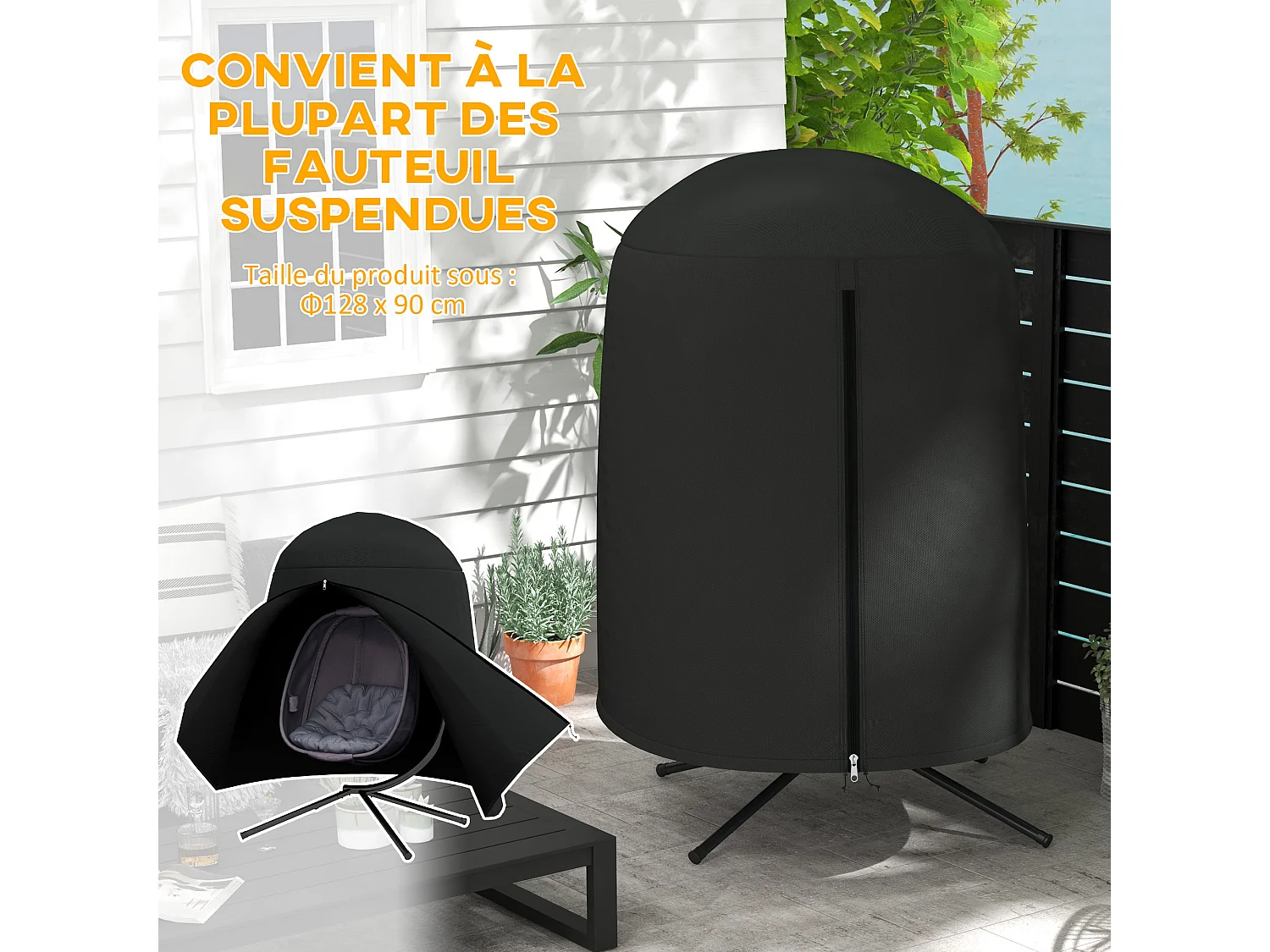 Housse de protection fauteuil suspendu de jardin - imperméable, zip - Ø 128 x 190H cm - noir