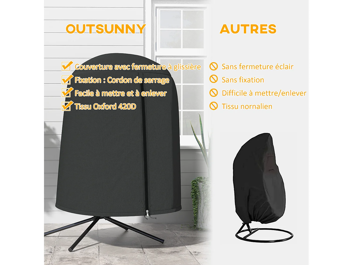 Housse de protection fauteuil suspendu de jardin - imperméable, zip - Ø 128 x 190H cm - noir