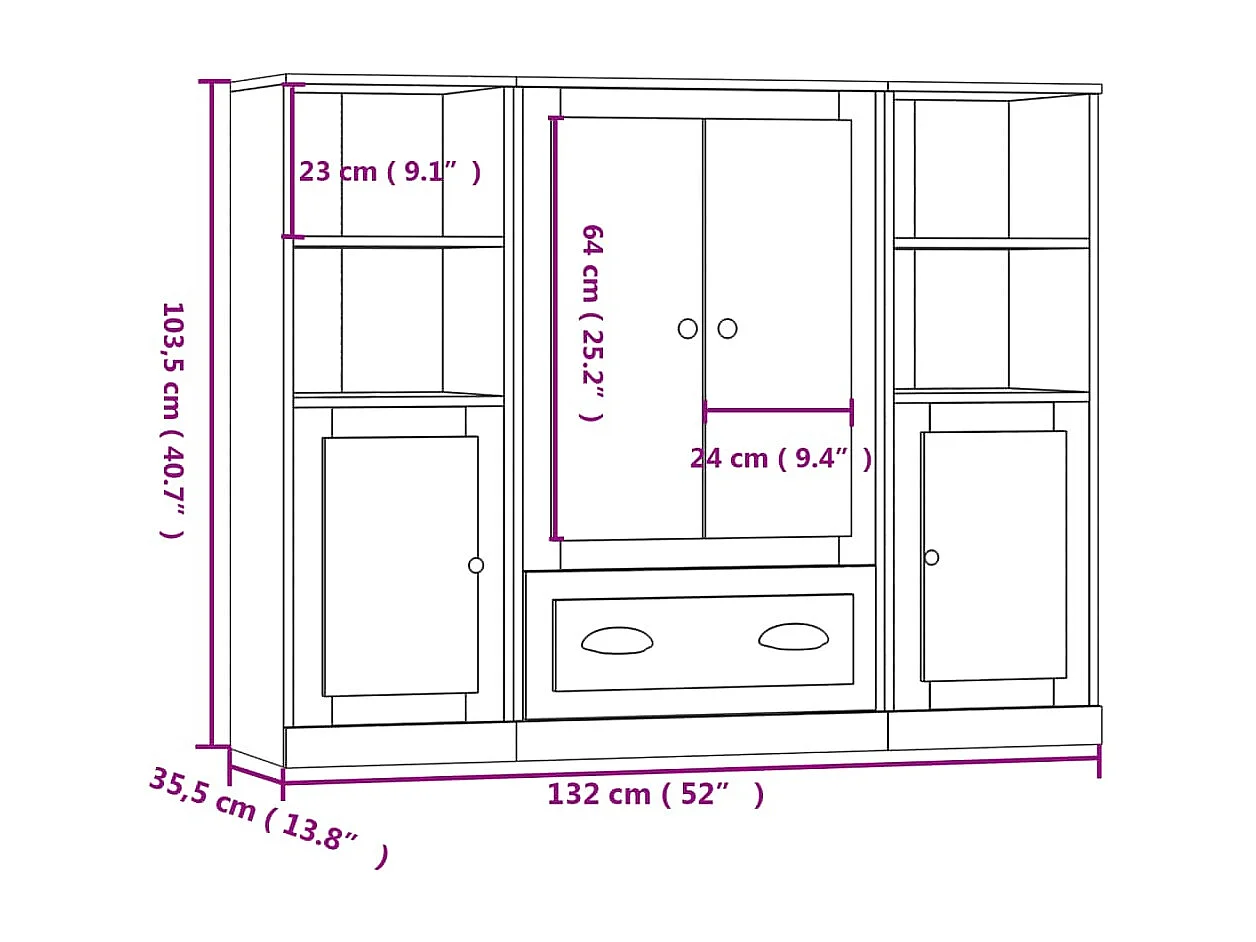 Aparadores altos 3 pcs derivados de madeira branco