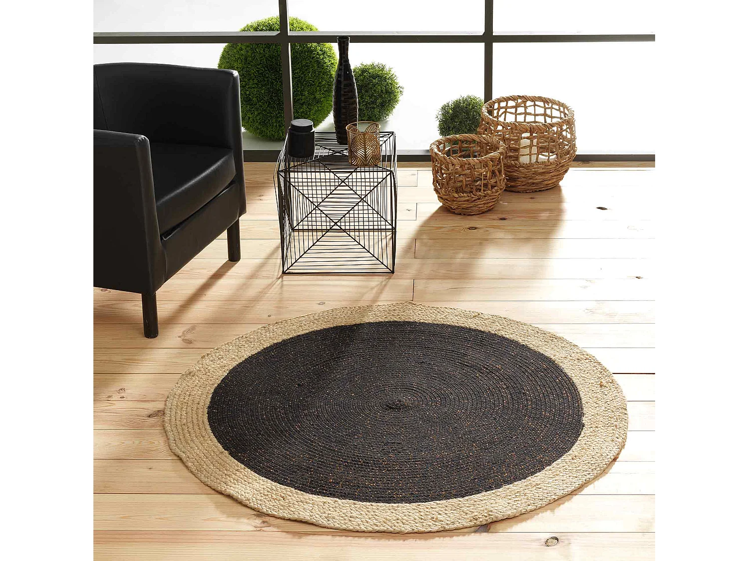 Tapis Déco Rond en Jute "Mario" 120cm Noir & Or