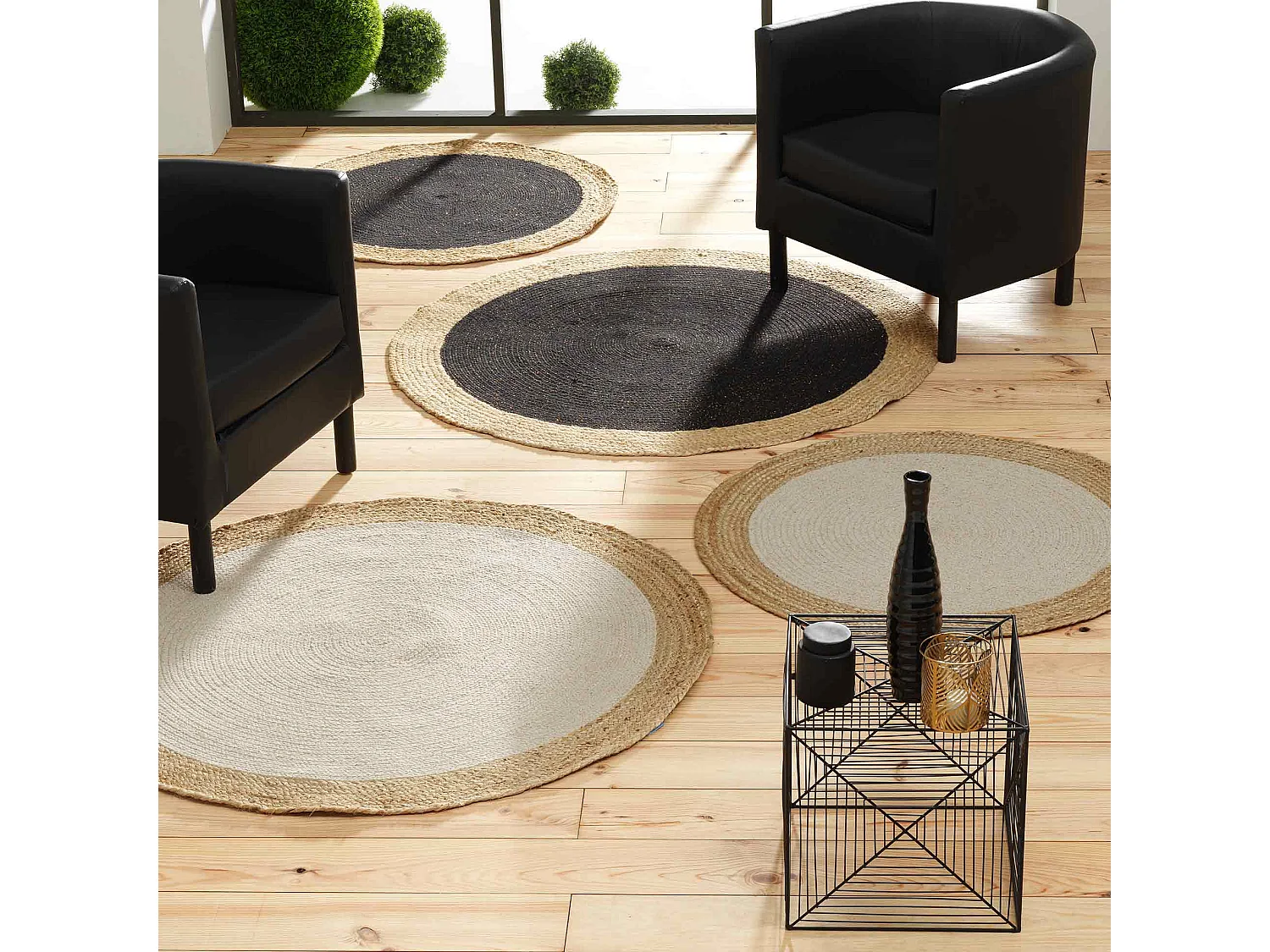 Tapis Déco Rond en Jute "Mario" 120cm Noir & Or