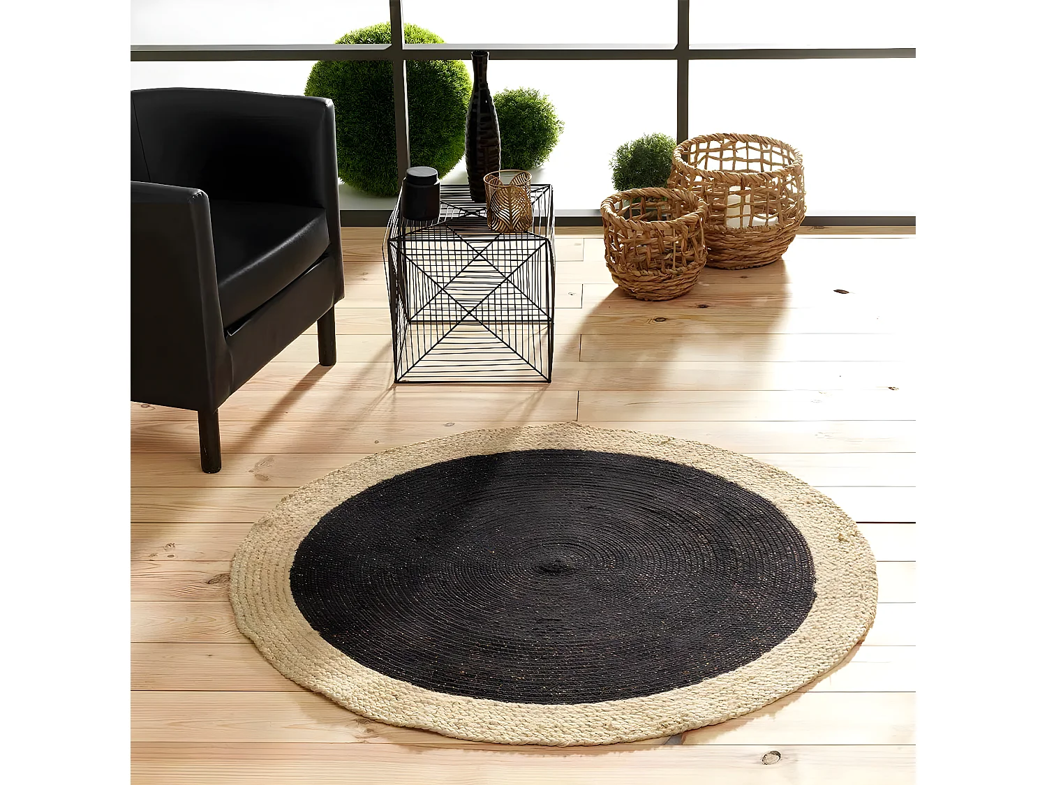 Tapis Déco Rond en Jute "Mario" 120cm Noir & Or