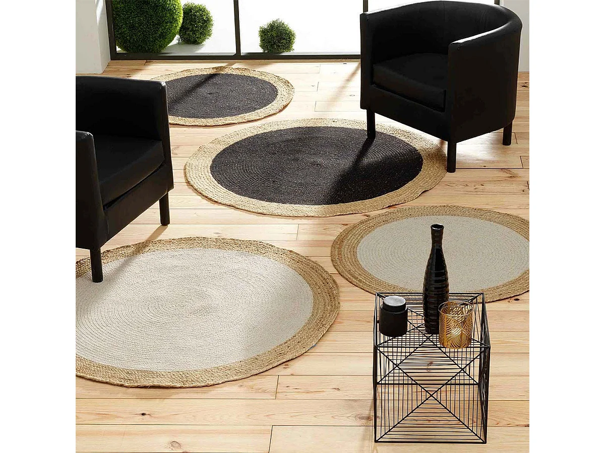 Tapis Déco Rond en Jute "Mario" 120cm Noir & Or