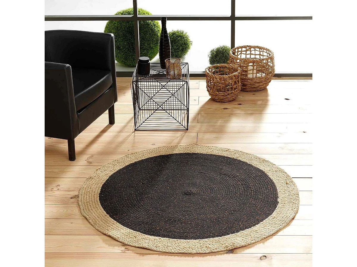 Tapis Déco Rond en Jute "Mario" 120cm Noir & Or