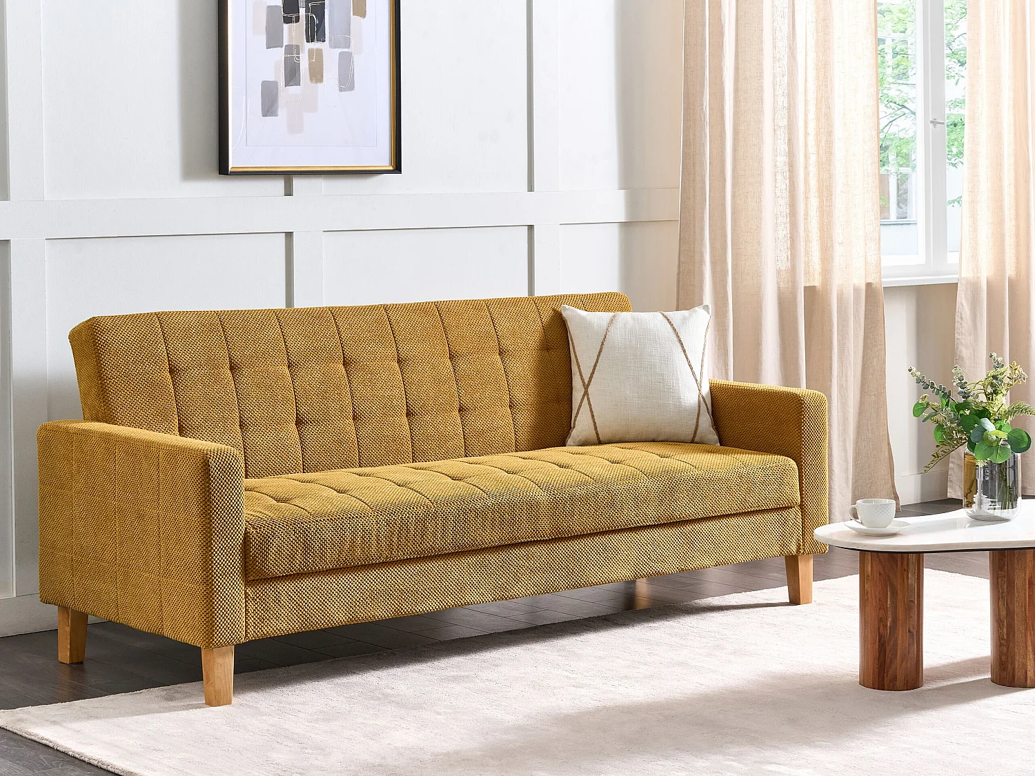 Slaapbank VEHKOO Stof Mosterdgeel 3-zitter