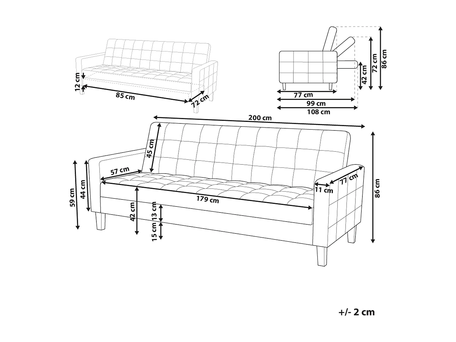 3-Sitzer Sofa mit Schlaffunktion Stoffbezug gelb gesteppt Holzbeine Retro Vehkoo