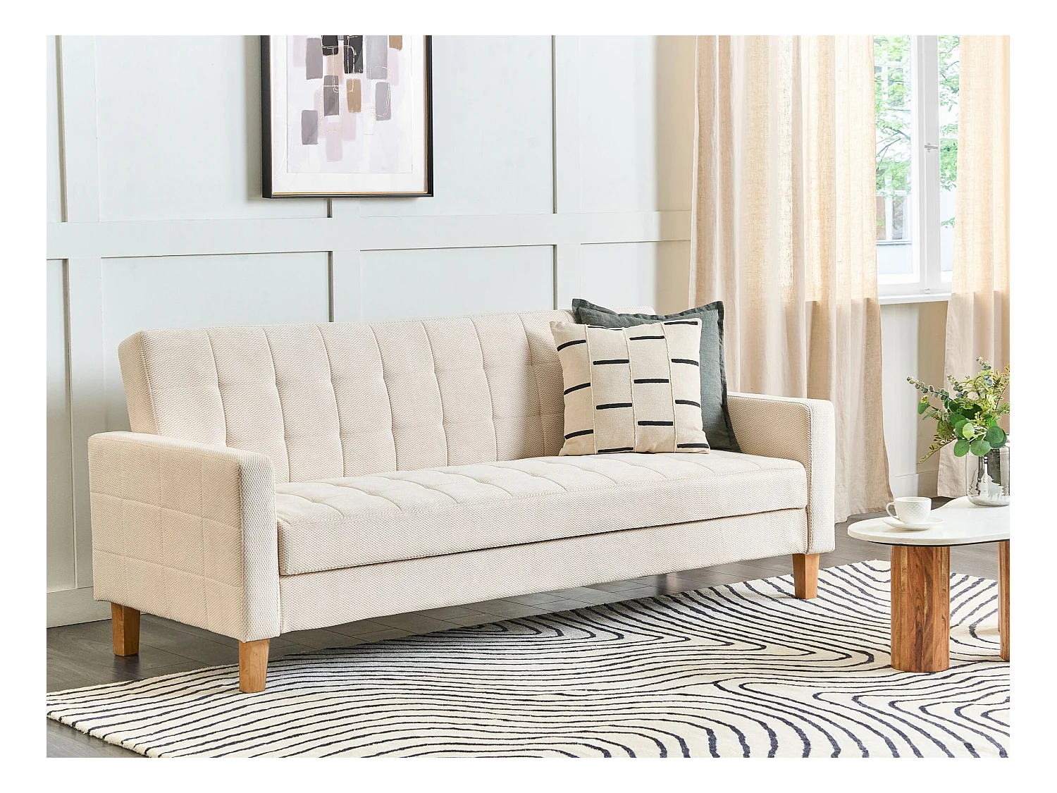 3-Sitzer Sofa mit Schlaffunktion Stoffbezug weiß gesteppt Holzbeine Retro Vehkoo