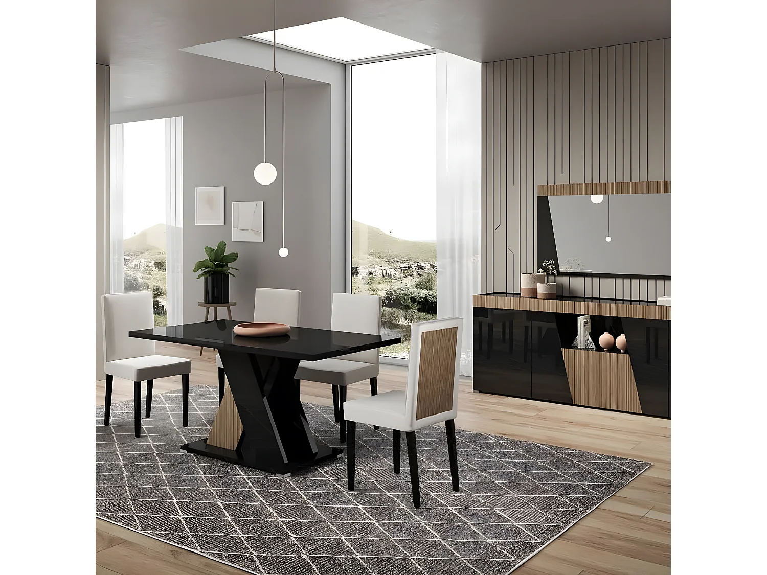 KADALA - Table 160x90cm Laquée Noir Décor Bois avec Pied Central en X